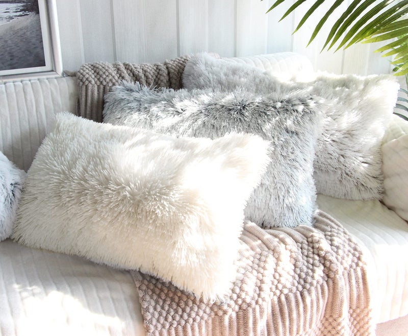 Uhomy 2 Packs Fluffy Accent Pillows Cover 20"x12", Soft Cream White Faux Fur Throw Pillow Case, Modern Luxury Decorative Square Cushion Cover for Farmhouse Home Decor for Sofa/Bed/Chair, 50x30cm - Image 5